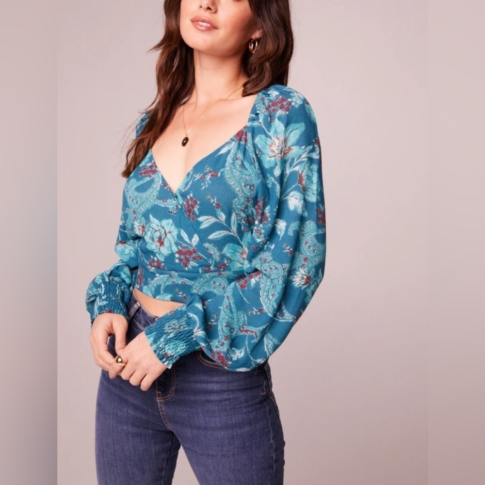 BOG Band of the Free SYBILLE Teal Floral Crossover Crop Top Womens Sz Large NWT - Picture 1 of 13